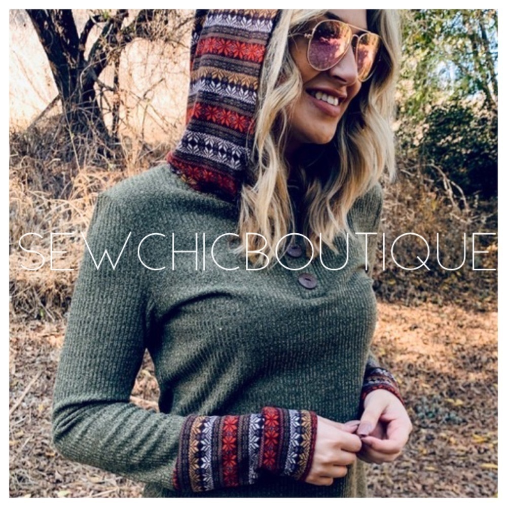 Hunter Green Multi Print Detail Hoodie Knit